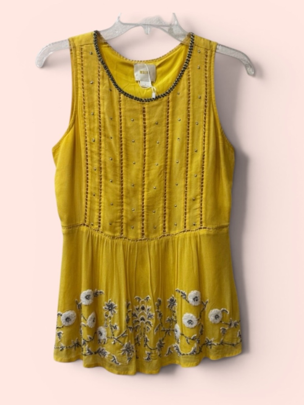Maeve Yellow Beaded Dressy Tank Top Floral Embroidered Size 4